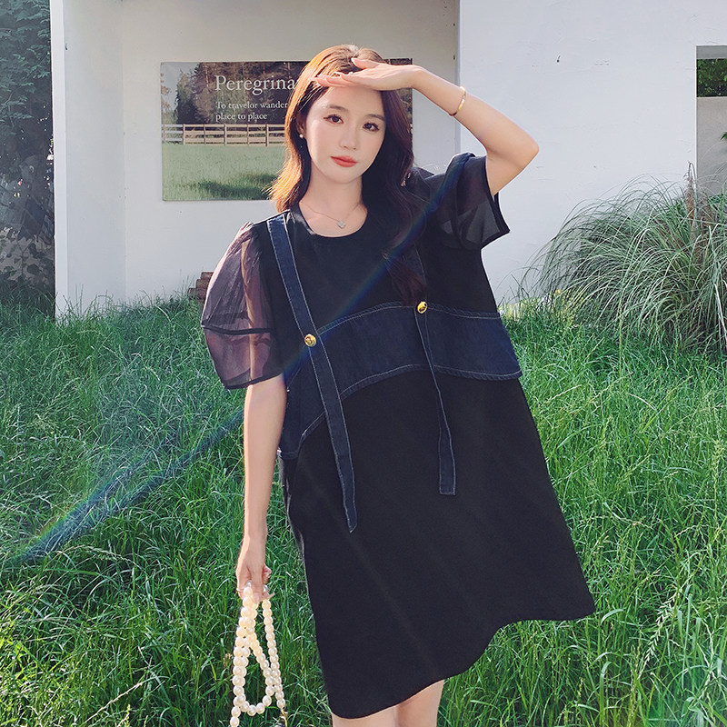 韩系牛仔背带拼接连衣裙女夏季2025新款减龄高级感宽松显瘦T恤裙,女装连衣裙,浙宝178