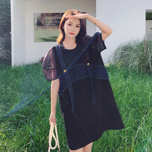 韩系牛仔背带拼接连衣裙女夏季2025新款减龄高级感宽松显瘦T恤裙