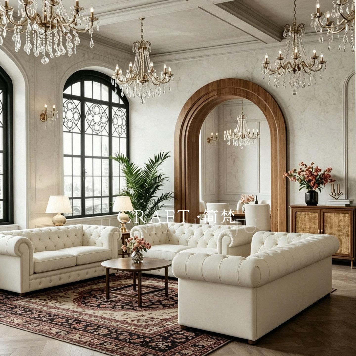 简梵工艺 法式复古风布艺沙发 小户型客厅米白色三人位拉扣沙发