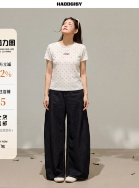 曾小咸大码女装“焦点存在”白色波点正肩短袖T恤上衣胖mm春套装