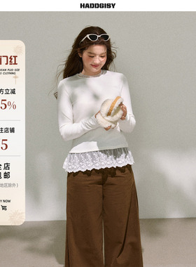 曾小咸大码女装胖mm长袖白色蕾丝内搭可外穿上衣遮肉显瘦2025新款