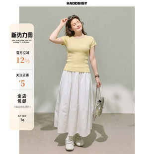 黄色修身 针织衫 胖mm短袖 曾小咸大码 套装 温暖底牌 T恤春季 女装