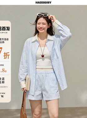 曾小咸大码女装[2/24~2/26 一件8.8折满2件7折]蓝色衬衫短裤套装