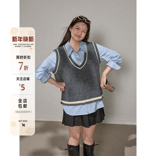 曾小咸大码女装 韩系学院风微胖mm条纹长袖衬衫叠穿马甲上衣套装