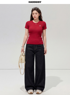 曾小咸大码女装红色针织短袖修身显瘦t恤女胖mm上衣牛仔裤套装夏