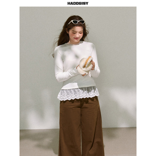 曾小咸大码女装胖mm长袖白色蕾丝内搭可外穿上衣遮肉显瘦2025新款