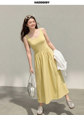 曾小咸大码女装[3/30~4/2 一件8.8折满2件8折]黄色方领背心连衣裙