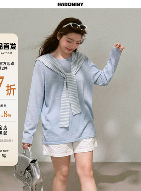 曾小咸大码女装[2/24~2/26 一件8.8折满2件7折]蓝色披肩T恤春套装