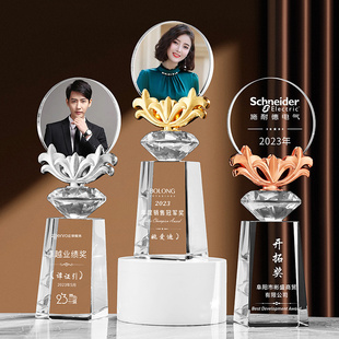 莲花水晶奖杯定制年度销售精英年会颁奖优秀员工纪念品可做照片