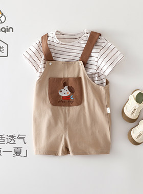 婴儿连体衣夏季薄款短袖儿童外搭男宝宝衣服卡通透气背带裤两件装