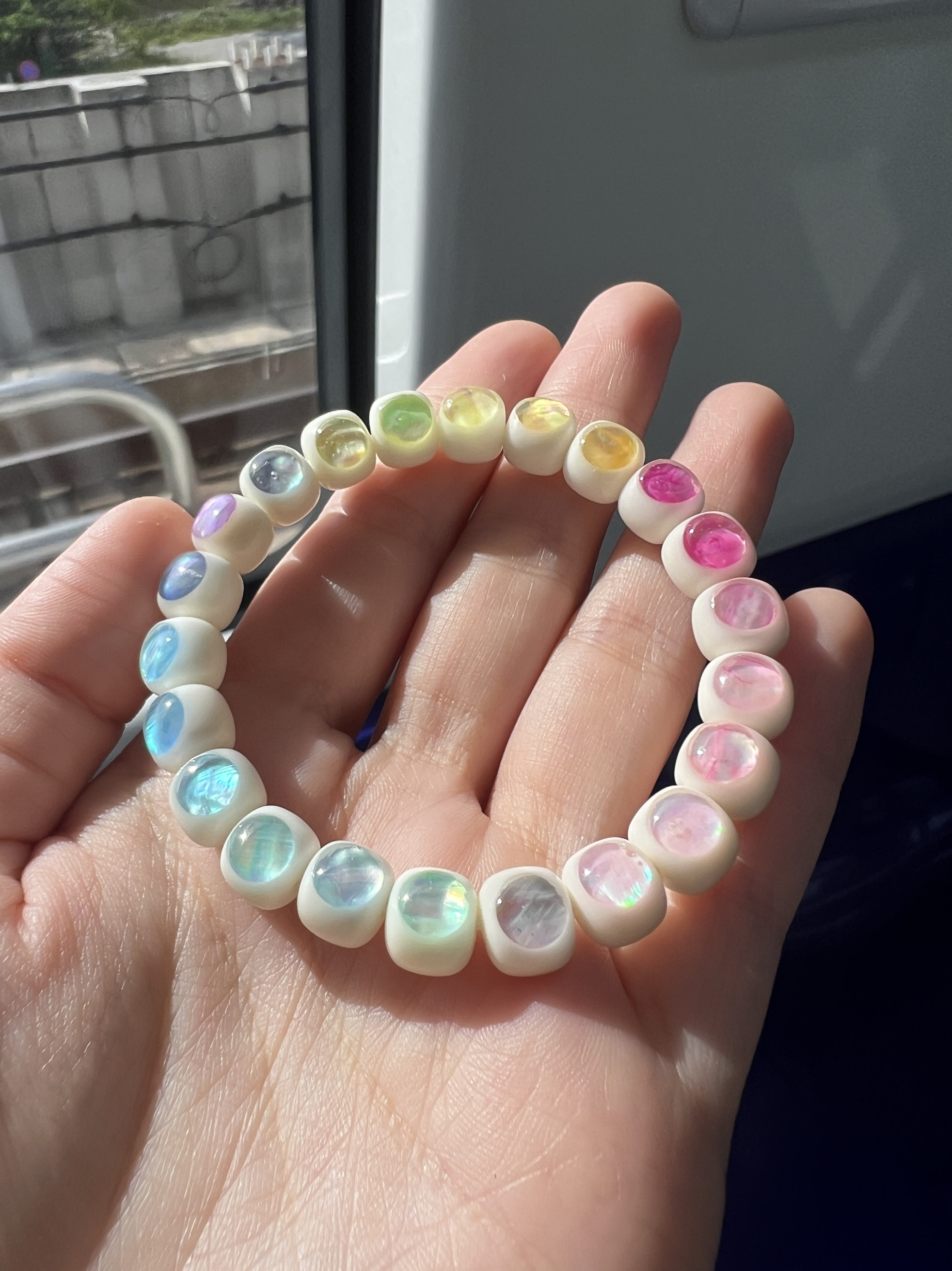 【小彩虹】白玉菩提镶嵌彩贝9*8老型桶佛珠手串送人生日礼物盘玩