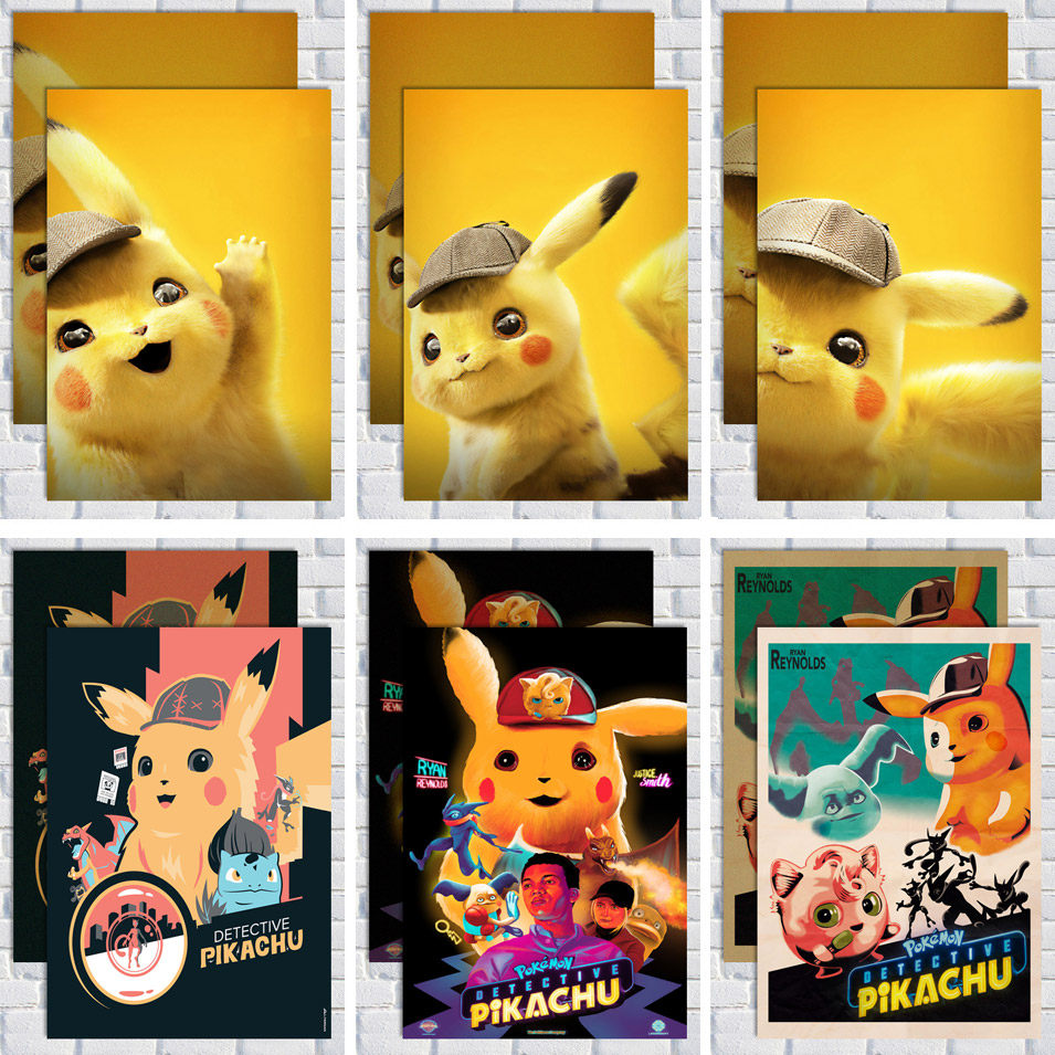 大侦探皮卡丘电影海报 数码宝贝宠物精灵神奇宝可儿童房装饰画图