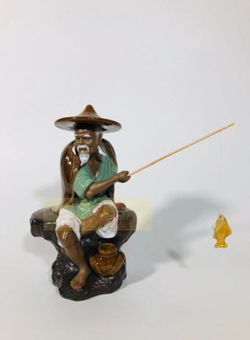 桌面人物摆件渔翁春雨垂钓