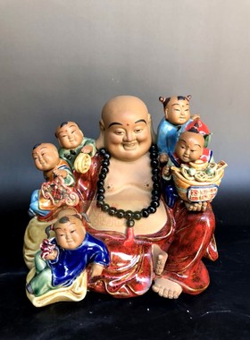 石湾公仔招财摆件多子佛五子登科