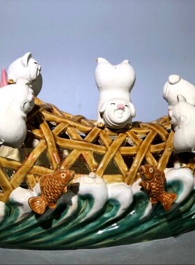 生肖猪摆件猪笼入水石湾公仔