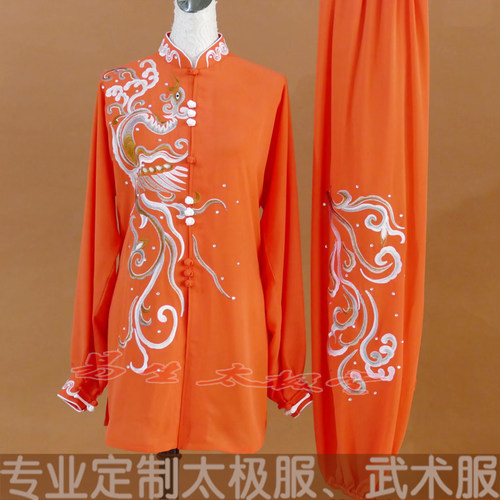 新品橘色丝麻中长款太极服 练功服女刺绣凤凰太极拳团队表演服夏