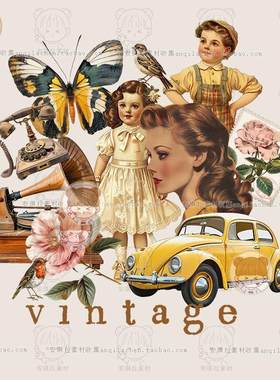 80款Vintage复古人物电视机电话花卉小鸟png个性海报拼贴素材