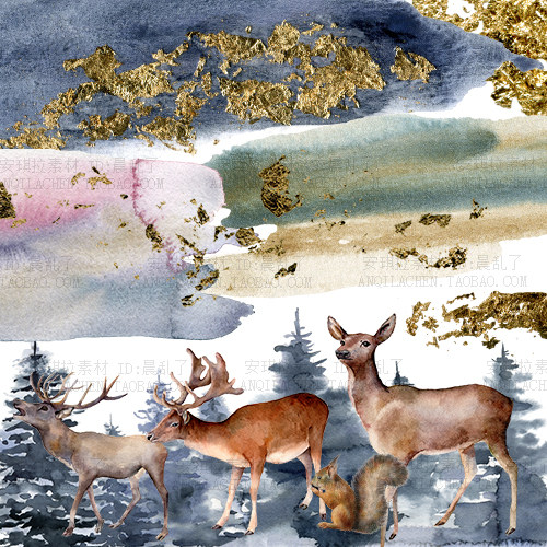 水墨森系森林水彩金箔圣诞元素麋鹿动物卡片包装高清png设计素材