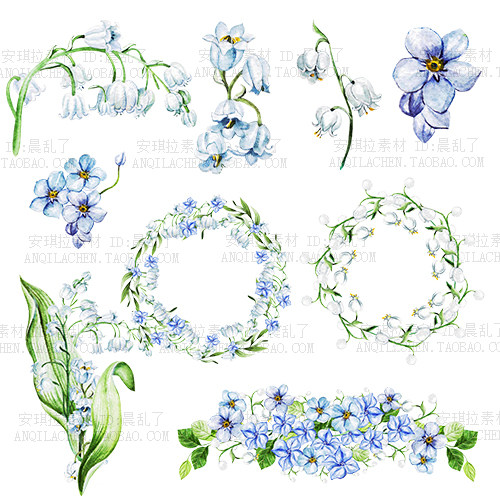 手绘水彩铃兰花花卉花朵花圈背景png手账设计素材