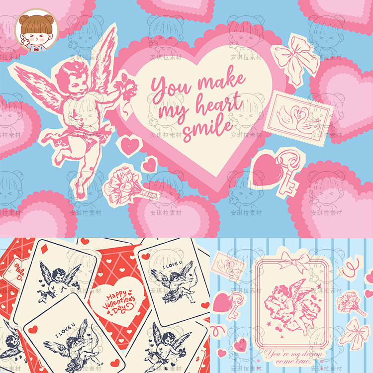 复古天使爱心卡片背景情人节元素矢量AI设计素材