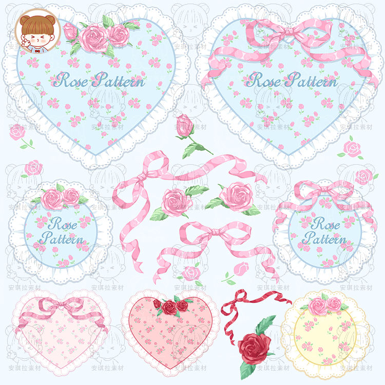 复古日系少女风甜美玫瑰系列蕾丝花边海报卡片装饰矢量AI+png素材