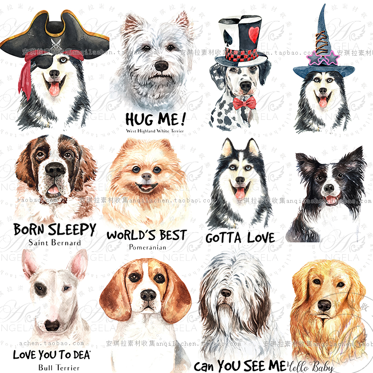 50款水彩宠物狗插画金毛狗哈士奇柯基狗斑点狗矢量格式设计素材