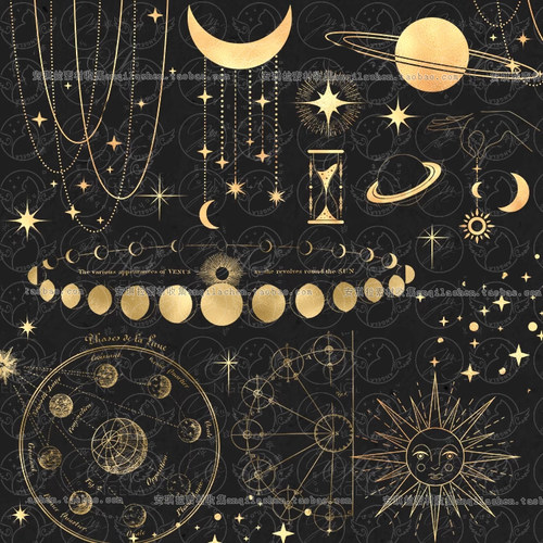 金色神秘星月星座线描太阳月亮宇宙星球背景psd+星月元素png素材