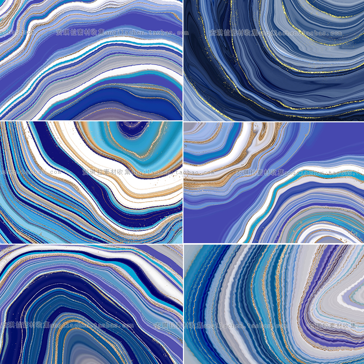 蓝色玛瑙石纹鎏金波浪曲线背景大理石矢量海报卡片设计素材
