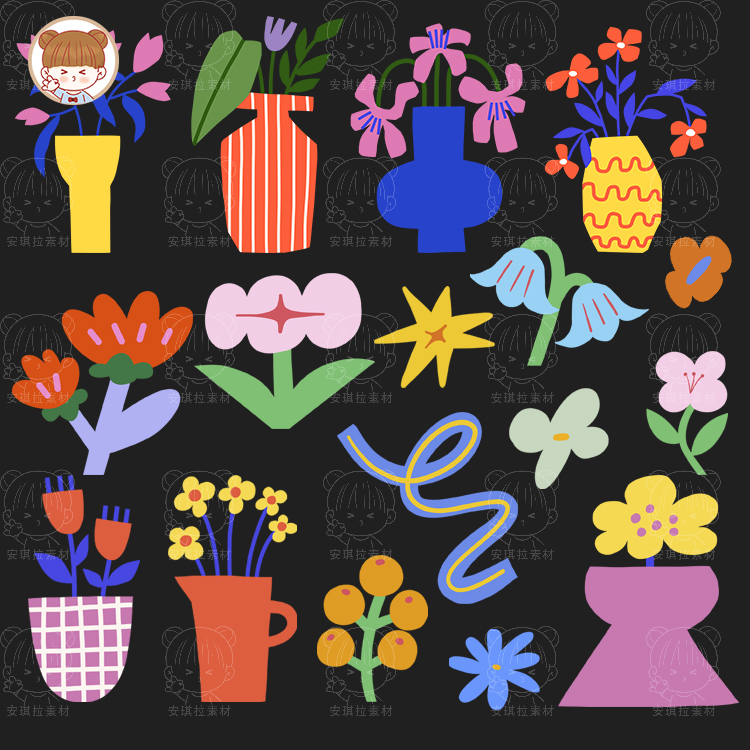 卡通童趣北欧鲜艳色块花朵花瓶异形kt版元素矢量eps+png设计素材