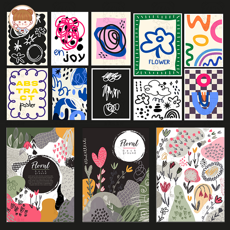 抽象手绘涂鸦花卉图案装饰画画芯矢量格式素材