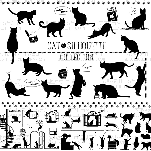 可爱喵星人猫咪各种姿态动作黑白剪影插画矢量设计元素ai素材