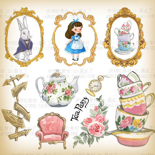 童话水彩爱丽丝梦游仙境元素卡通高清矢量ai源文件素材