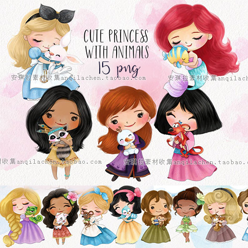 q版手绘童话公主白雪公主爱丽丝灰姑娘美人鱼png手账免抠素材