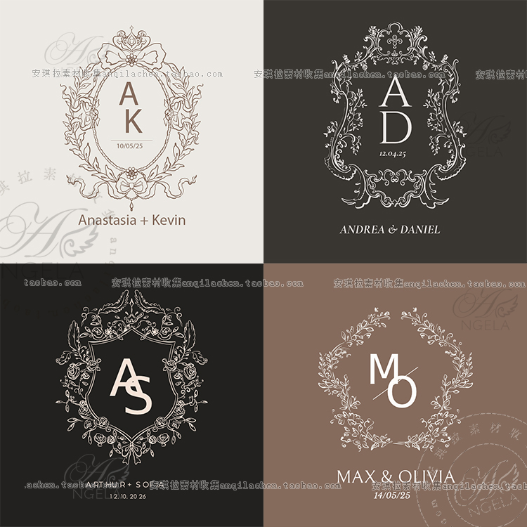 ins复古欧式简约洛可可线描花纹边框婚礼logo水印psd设计素材