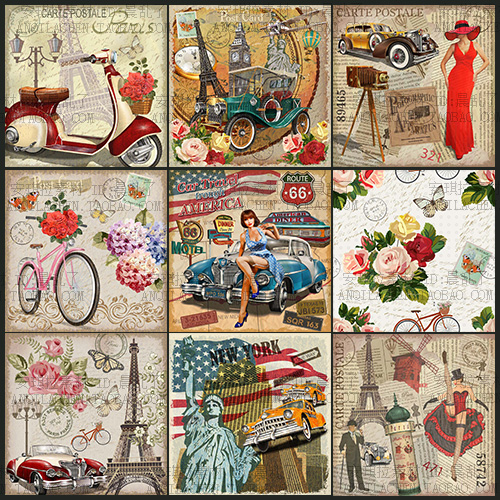 美国复古vintage元素女郎老爷车自由女神地标矢量eps设计素材