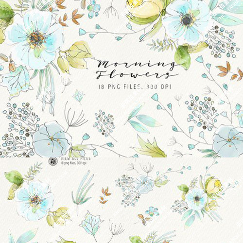 水彩森系婚礼素材唯美水蓝色透明高清png花朵背景素材包装素材