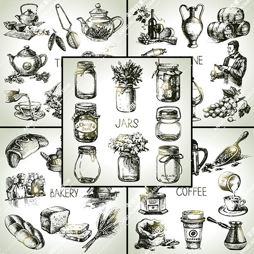 vintage复古线描美食瓶子咖啡生活物品矢量eps源文件素材