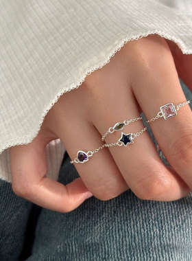 轻奢彩石抽拉链条戒指女个性时尚精致S925镀银指环ins风食指戒潮