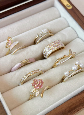 甜酷叠戴蝴蝶戒指女珐琅精致时髦彩色网格花朵S925镀银开口食指环