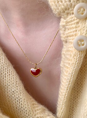 耀眼红色爱心吊坠项链女简约气质百搭叠戴S925镀银锁骨链ins颈链