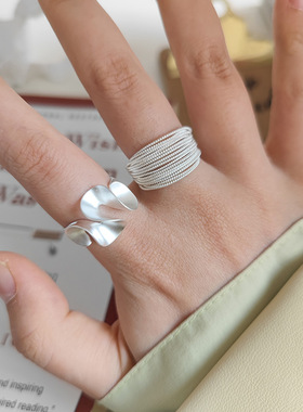 设计感裙摆戒指女几何多层线条S925镀银开口指环ins风叠戴食指戒