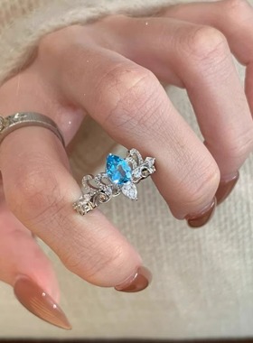 复古新中式蓝眼泪皇冠水滴戒指女中古气质精致开口指环小众食指戒