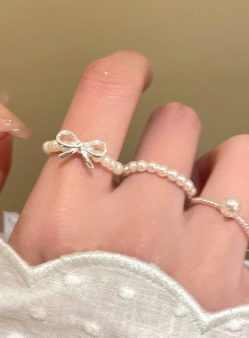 蝴蝶结仿珍珠串珠戒指女韩版气质ins风小众S925镀银指环食指戒潮