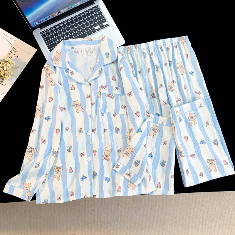 春秋季蓝色小兔子睡衣女长袖翻领开衫式卡通可爱可外穿家居服套装