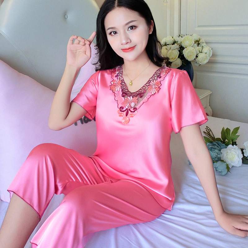 冰丝睡衣女夏季仿真丝绸短袖两件套装可爱大码薄款韩版夏天家居服