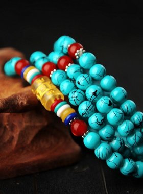 白水晶手链女六字真言仿绿松石