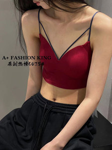 a+美背撞色吊带胸垫法式三角杯内衣黑色小胸咖色外穿运动纯棉背心