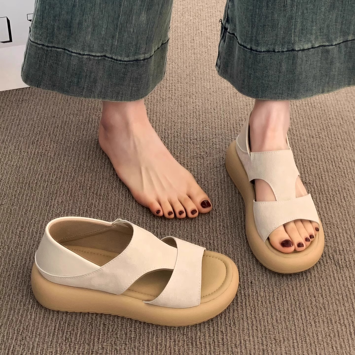 软羊皮厚底凉鞋女夏季外穿休闲