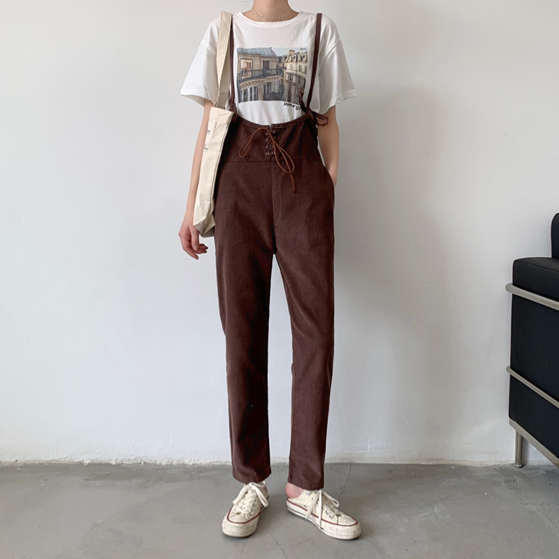 Real shot spring new Korean corduroy foreign style age reducing retro suspenders casual pants real price