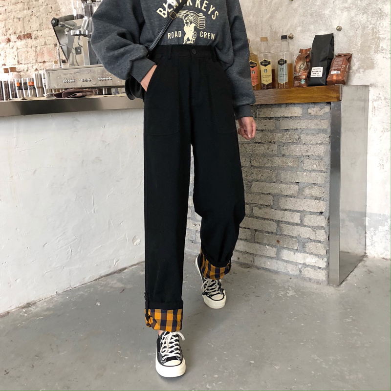 Real shot winter new Korean version of high waist and big pocket contrast straight pants show thin wide leg pants real price